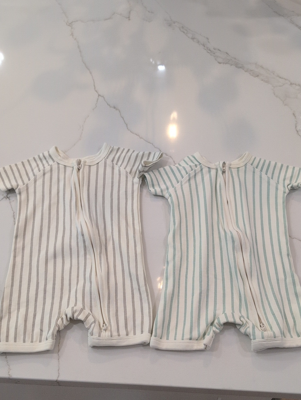 Striped Short-Sleeve Baby One-Piece Romper in Cream & Mint